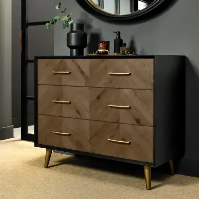 Dark Oak and Black Wide Chest of 3 Drawers