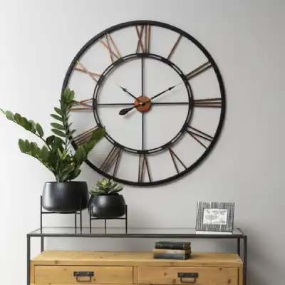 Large Round Copper and Black Metal Skeletal Wall Clock