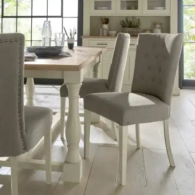 Pair of White Painted Grey Fabric Buttoned Dining Chairs