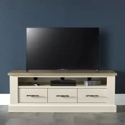 Large Wide TV Unit Oak and Antique White Painted 3 Drawers