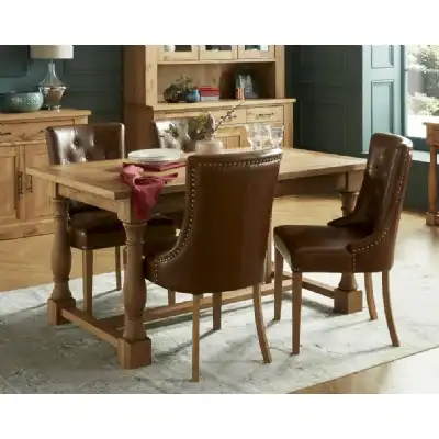 Rustic Oak Table Set 4 Tan Faux Leather Scoop Chairs