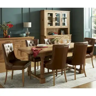 Oak Extending Dining Table Set 6 Tan Leather Scoop Chairs