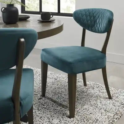 Dark Oak Blue Velvet Fabric Diamond Stitched Dining Chair