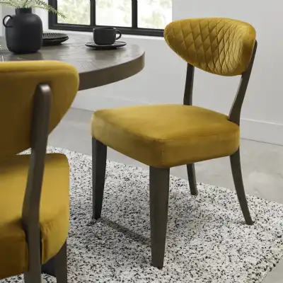 Dark Oak Yellow Velvet Fabric Diamond Stitched Dining Chair