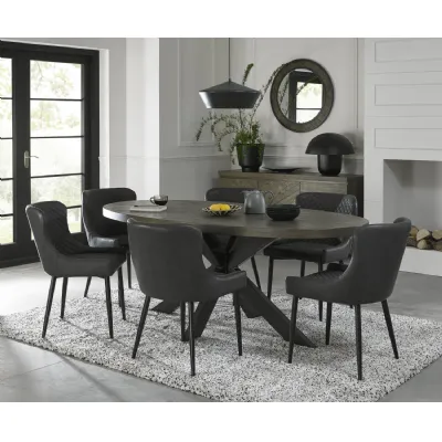 Dark Oak Oval Dining Table Set 6 Dark Grey Leather Chairs