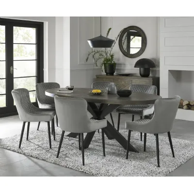Dark Oak Oval Dining Table Set 6 Grey Velvet Fabric Chairs