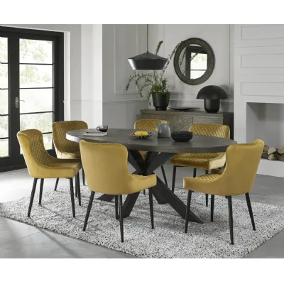 Dark Oak Oval Dining Table Set 6 Yellow Velvet Fabric Chairs