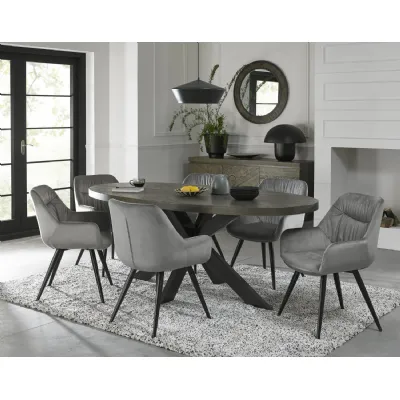Dark Oak Large Oval Dining Set 6 Grey Velvet Chairs