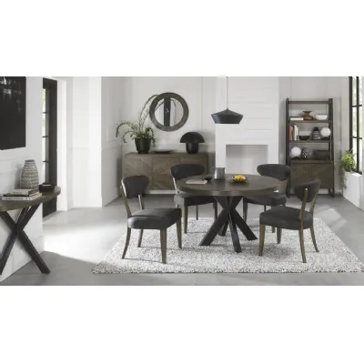 Fumed Oak Round Dining Set Table 4 Dark Grey Fabric Chairs
