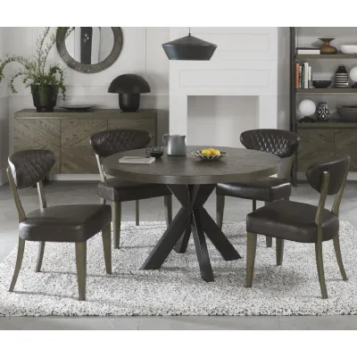 Dark Oak Small Round Dining Table Set 4 Grey Leather Chairs