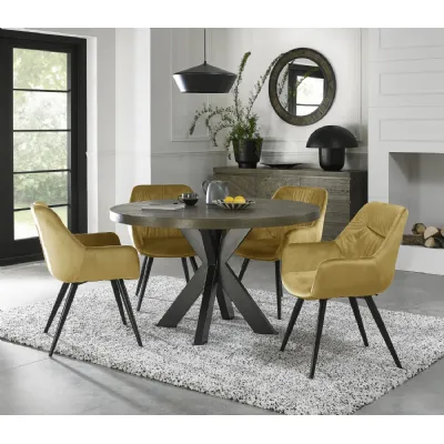 Dark Oak Round Dining Table Set 4 Yellow Velvet Chairs