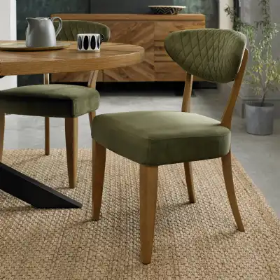 Pair of Rustic Oak Green Velvet Fabric Dining Chairs