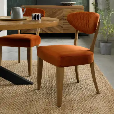 Pair of Rustic Oak Orange Velvet Fabric Dining Chairs