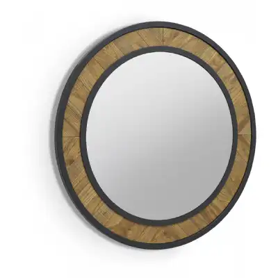 Rustic Oak Round Wall Mirror Herringbone Pattern
