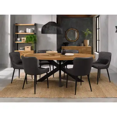 Rustic Oak Oval Dining Table Set Dark Grey Leather Chairs