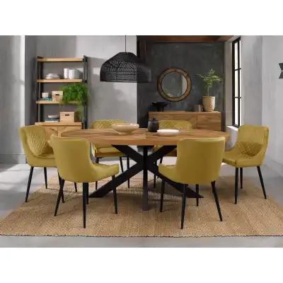 Rustic Oak Oval Dining Table Set 6 Yellow Velvet Chairs