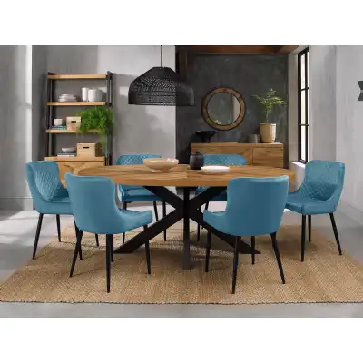 Rustic Oak Oval Dining Table 6 Blue Velvet Fabric Chairs Set