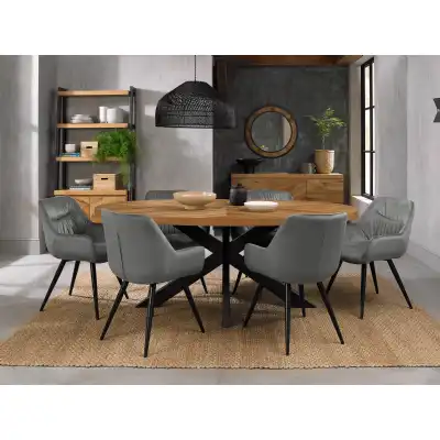 Rustic Oak Oval Dining Table Grey Velvet Fabric Chairs Set
