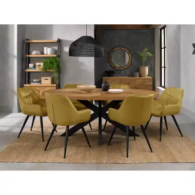 Oval Rustic Oak Dining Table Set 6 Yellow Velvet Chairs