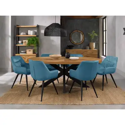Oval Rustic Oak Dining Table Set 6 Blue Velvet Chairs