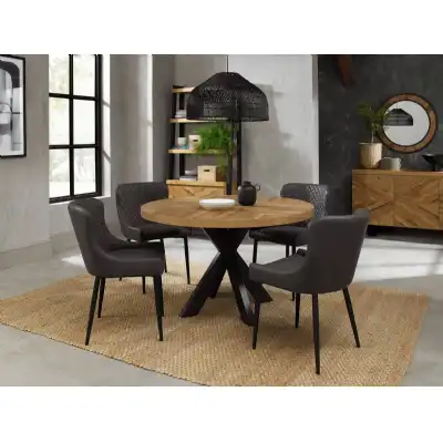 Rustic Oak Small Dining Table Set 4 Grey Leather Chairs