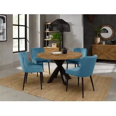Rustic Oak Small Dining Table Set 4 Blue Velvet Chairs