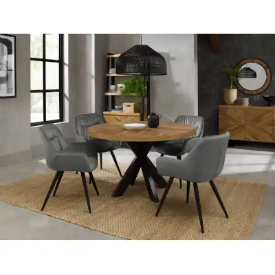 Rustic Oak Round Dining Table Set 4 Grey Velvet Chairs