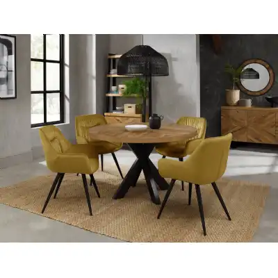 Rustic Oak Round Dining Set 4 Yellow Velvet Fabric Chairs