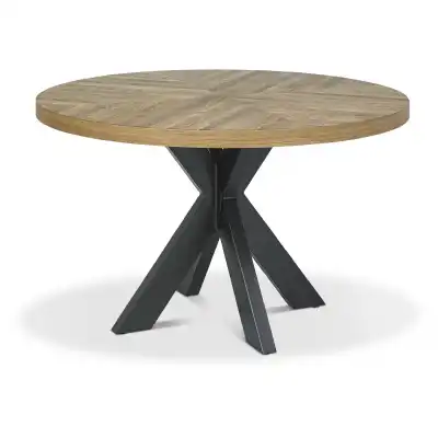 Rustic Oak Round Dining Table Black Metal X Legs