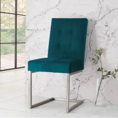 Pair of Green Velvet Fabric Dining Chairs Nickel Frame