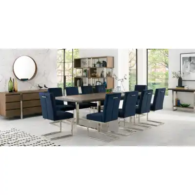 Dark Oak Chrome Extending Dining Set 10 Blue Velvet Chairs