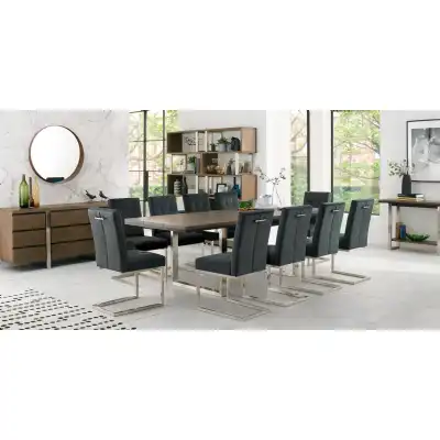 Dark Oak Chrome Extending Dining Set 10 Grey Velvet Chairs