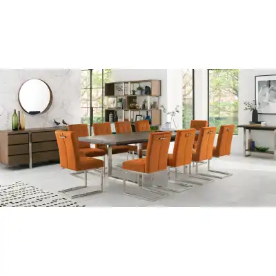 Dark Oak Chrome Extending Dining Table Set 10 Orange Chairs