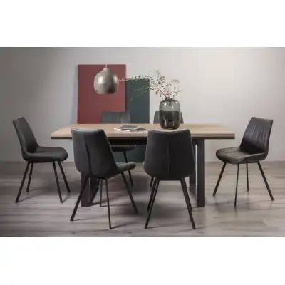Weathered Oak Dining Table Set 6 Dark Grey Suede Chairs