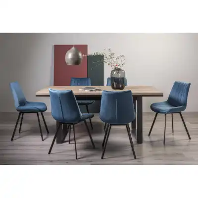 Weathered Oak Dining Table Set 6 Blue Velvet Fabric Chairs