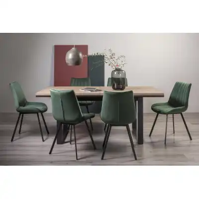 Weathered Oak Dining Table Set 6 Green Velvet Fabric Chairs
