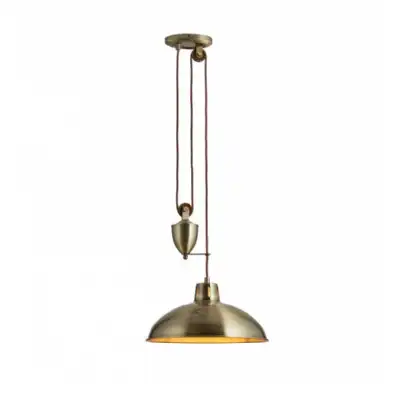 Height Adjustable Antique Brass Pendant Ceiling Light On Rope Pulley