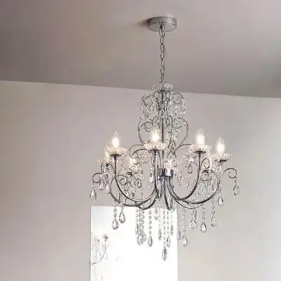 Large Chrome Plated Steel and Crystal Glass 8 Pendant Light Chandelier