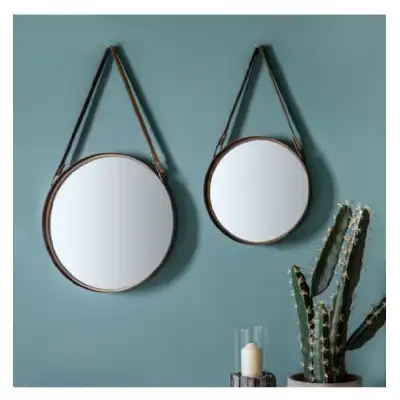 Mirrors With Leather Hanging Strap (Set Of 2) 16 Inch And 12 Inch