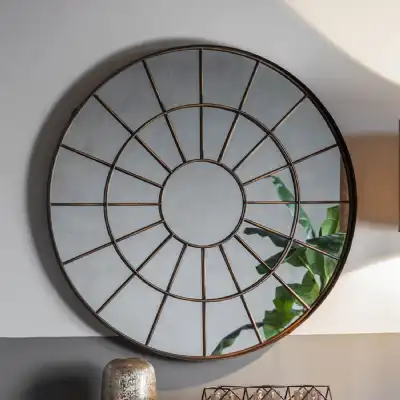 Sunburst Pattern Bronze Round Window Wall Mirror