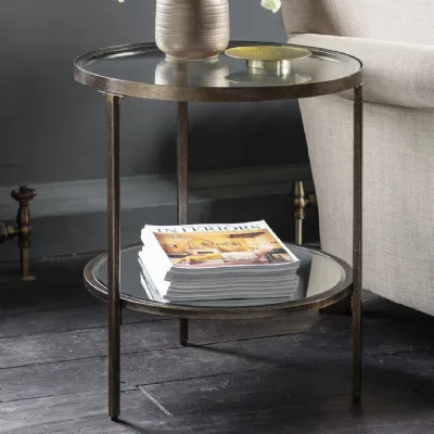 Aged Bronze Round Metal Side Table Glass Top and Shelf