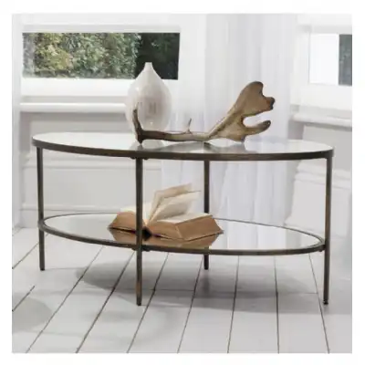 Oval Bronze Metal Coffee Table Glass Top and Shelf