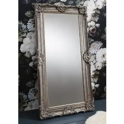 Large Silver Ornate Carved Rectangular Leaner Wall Mirror