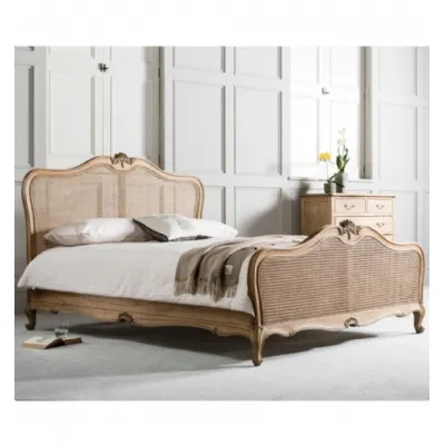 Weathered Wood Carved French Style 5ft King Size Cane Bed