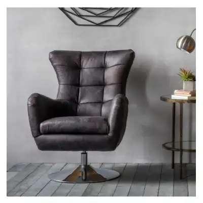 Black Leather Swivel Arm Chair With Chrome Base