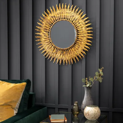 Golden Sun Starburst Feather Round Wall Mirror