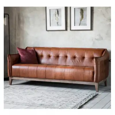 Tan Brown Leather Buttoned Back 3 Seater Sofa