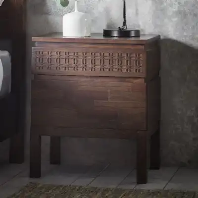 Brown Wooden 2 Drawer Bedside Chest Inlaid Pattern