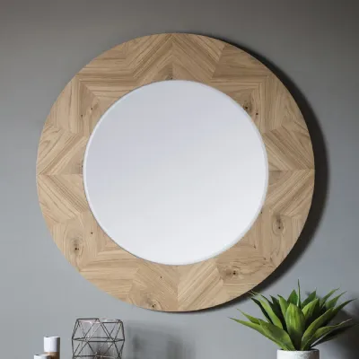 Chevron Inlay Design Oak Wood Round Wall Mirror 90cm