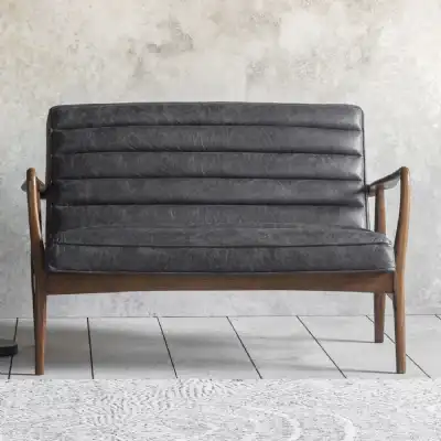 2 Seater Sofa Antique Black Leather Oak Angled Framed